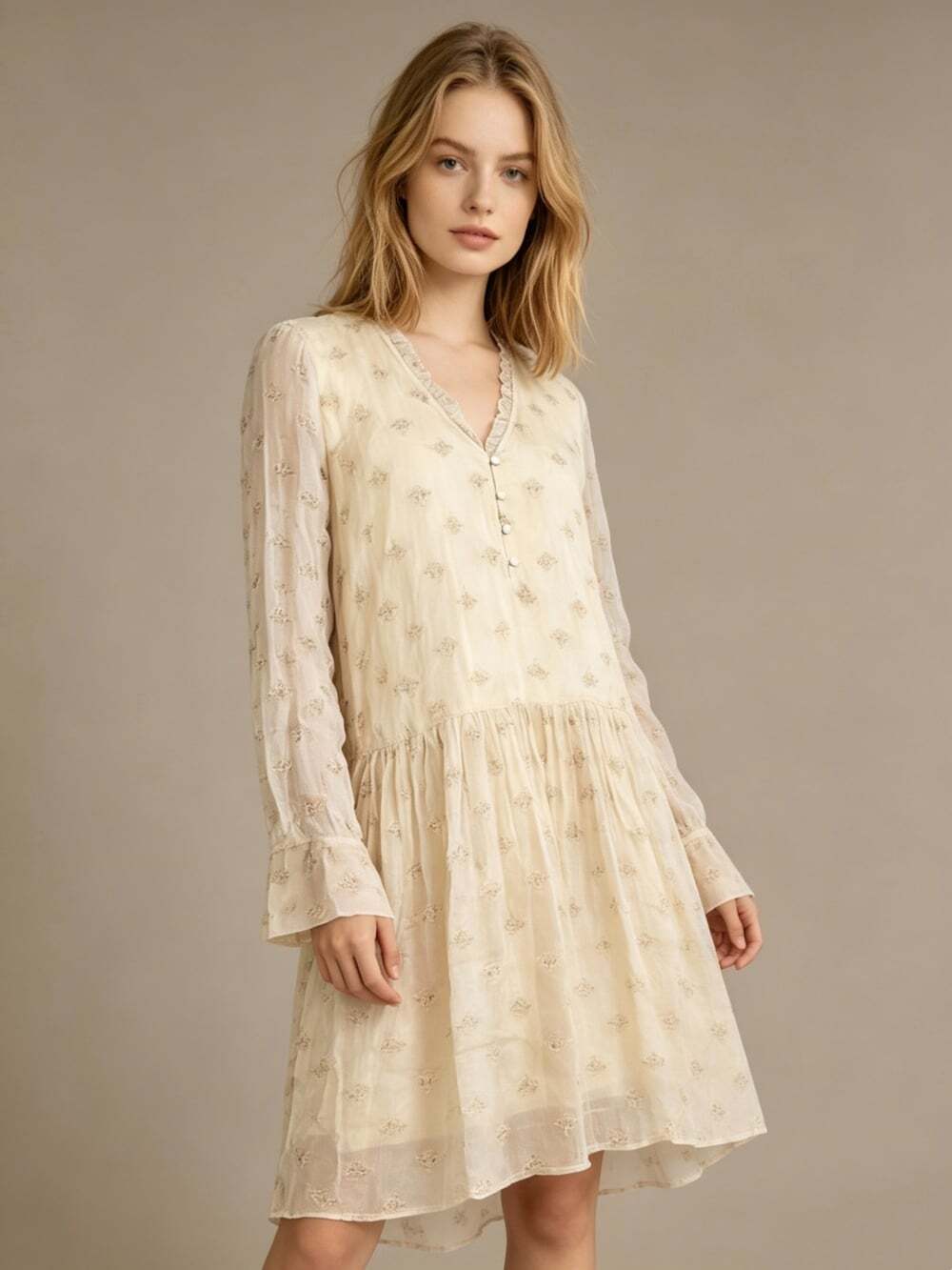 NWOT Johnny Was Jade Silk Embroidered Floral Long Sleeves Knee Length Dress S